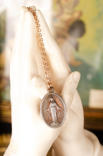 Vintage Italian Miraculous Medal on 14k Rose Gold-filled Chain